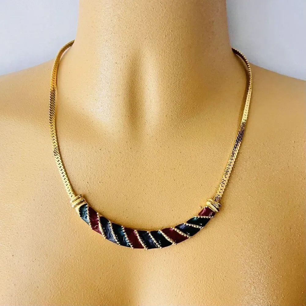 Vintage Enamel Necklace Gold Tone Red Green Blue Collar 4430